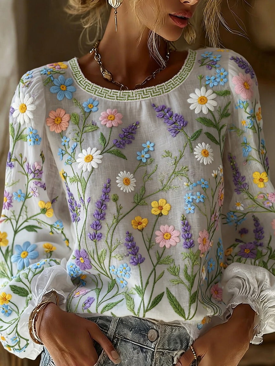 Women's Vintage Floral Art Print Casual Cotton-Linen Top