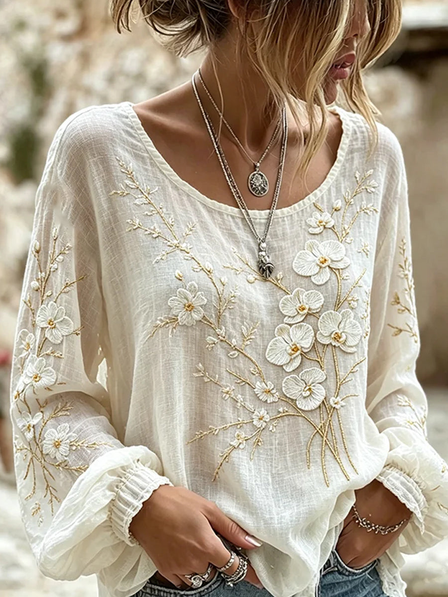 Women's Vintage Floral Art Print Casual Cotton-Linen Top