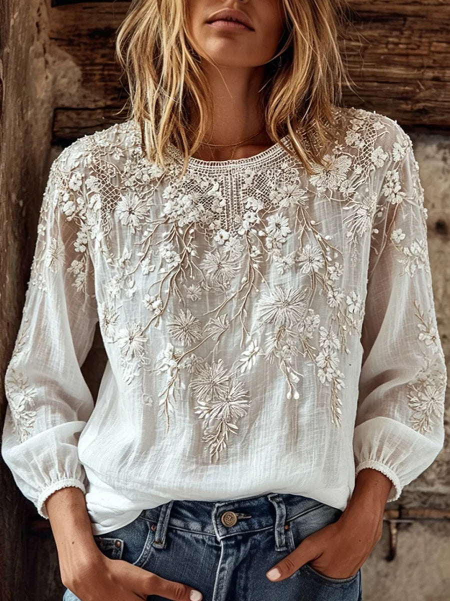 Women's Vintage Floral Art Print Casual Cotton-Linen Top