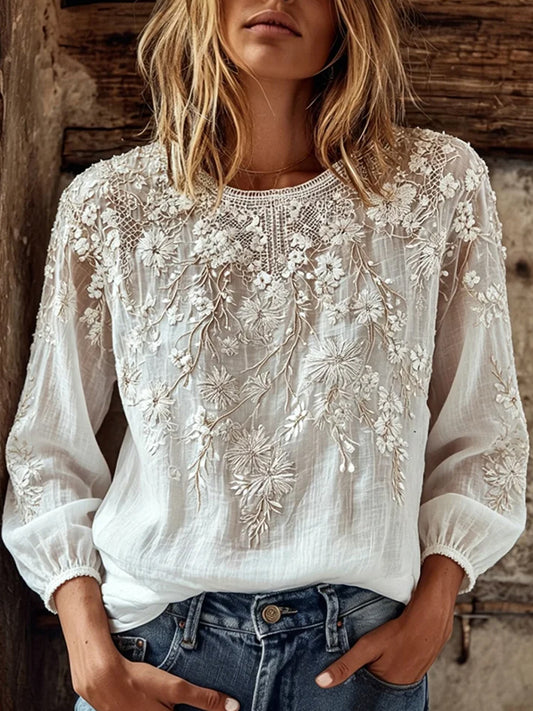 Women's Vintage Floral Art Print Casual Cotton-Linen Top