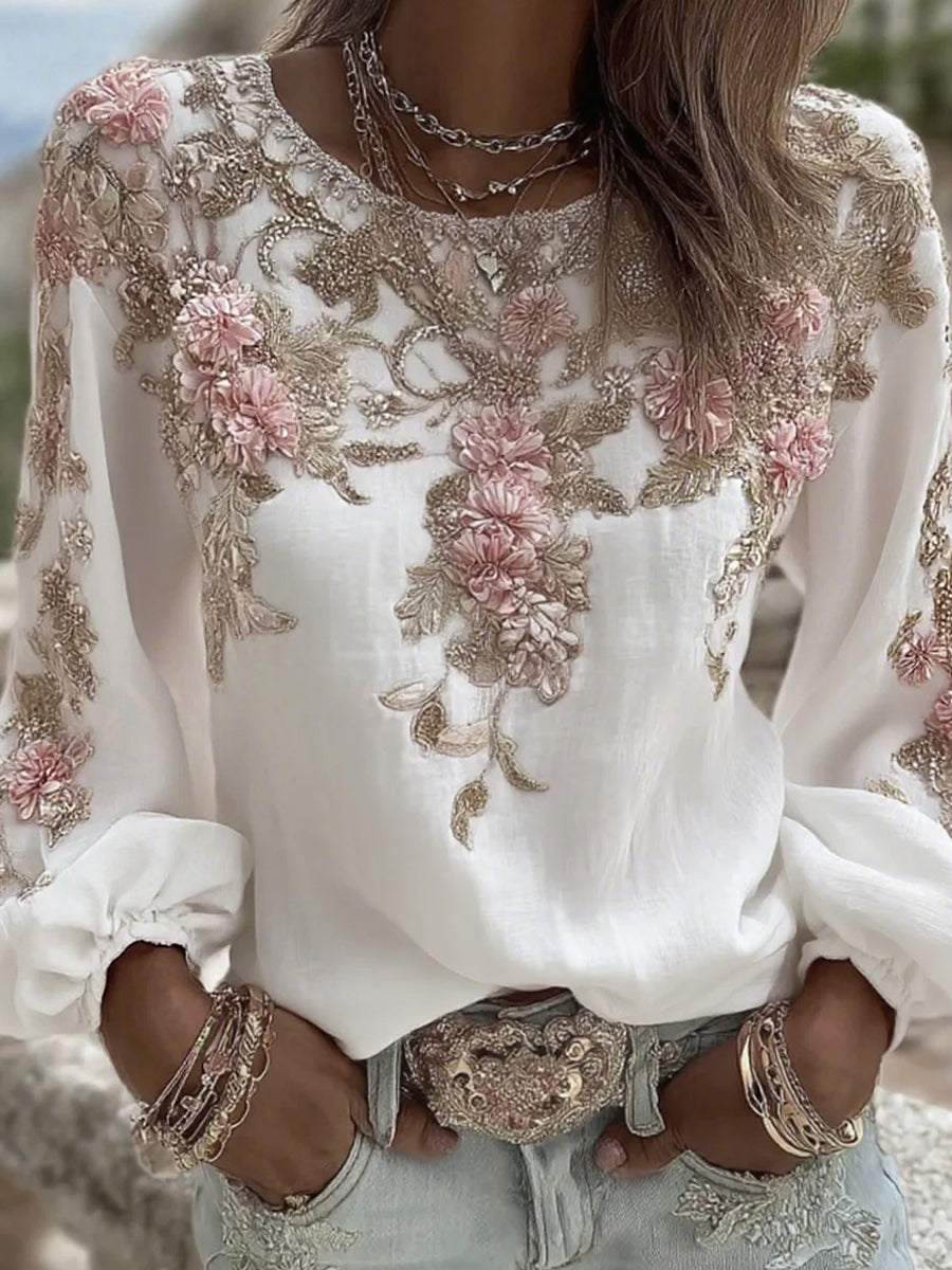 Women's Vintage Floral Art Print Casual Cotton-Linen Top