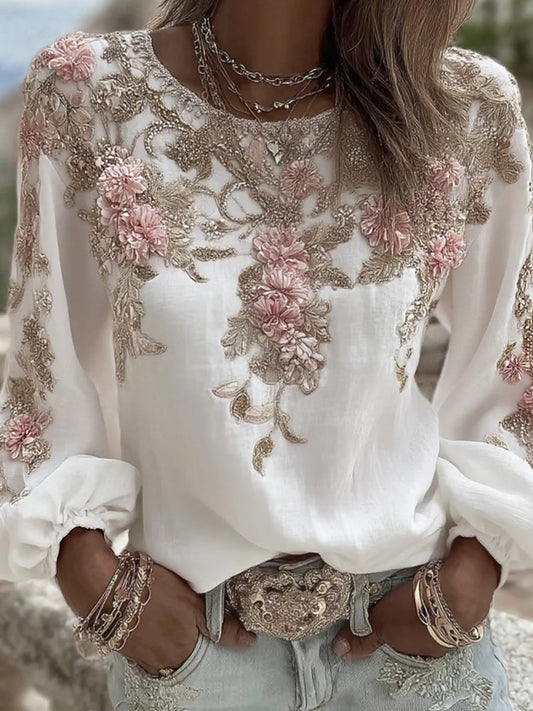 Women's Vintage Floral Art Print Casual Cotton-Linen Top