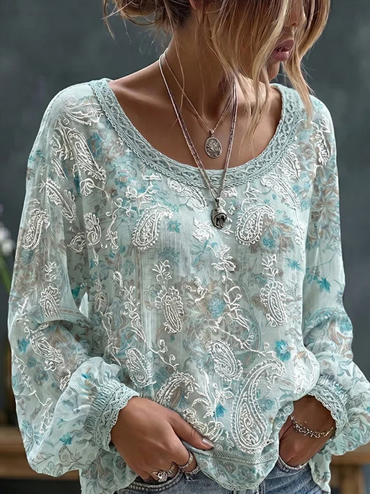 Women's Vintage Floral Art Print Casual Cotton-Linen Top