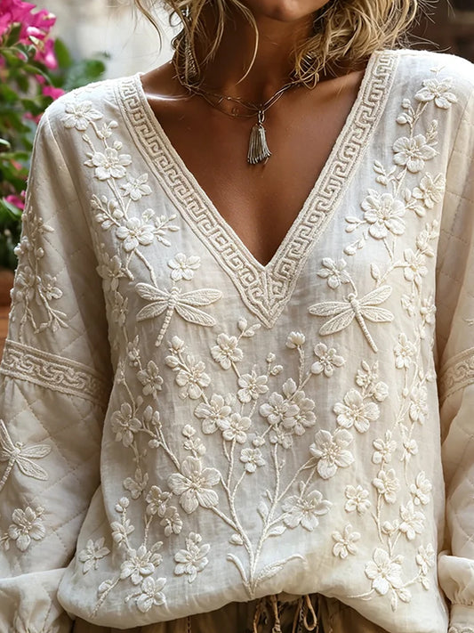Women's Vintage Floral Art Print Casual Cotton-Linen Top