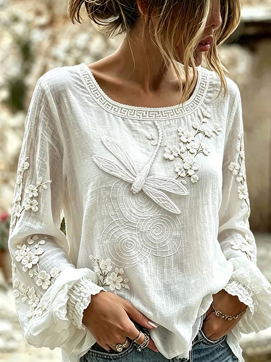 Women's Vintage Floral Art Print Casual Cotton-Linen Top