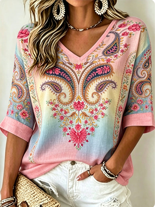 Women's Vintage Bohemian Embroidered Floral V-Neck Cotton-Linen Top