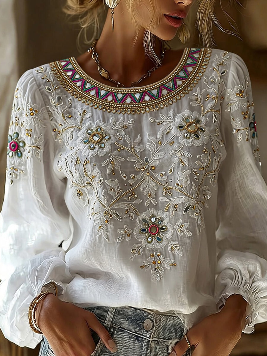 Women's Vintage Floral Art Print Casual Cotton-Linen Top