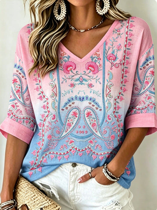 Women's Vintage Bohemian Embroidered Floral V-Neck Cotton-Linen Top