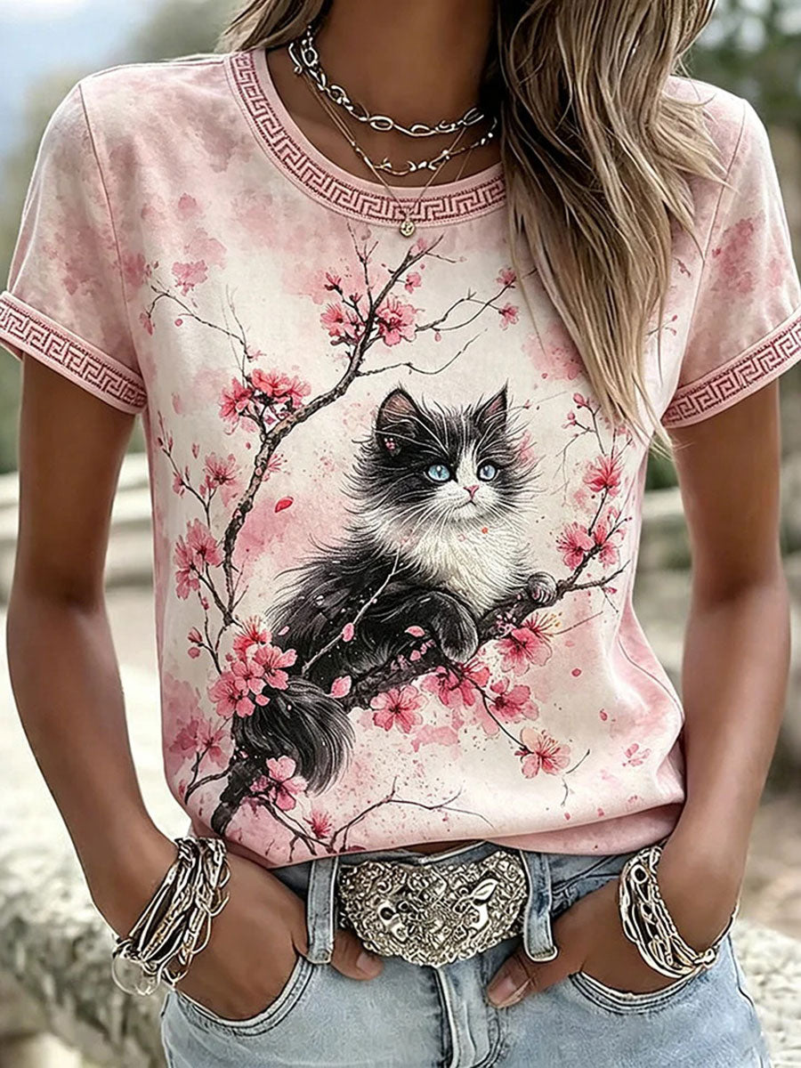 Women's Casual T-Shirt with Cat and Animal Embroidery & Print
