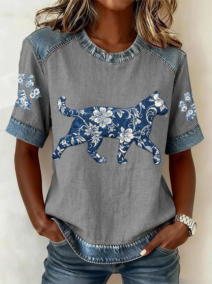 Women's  Cat and Floral Print Casual Short Sleeved T-Shirt