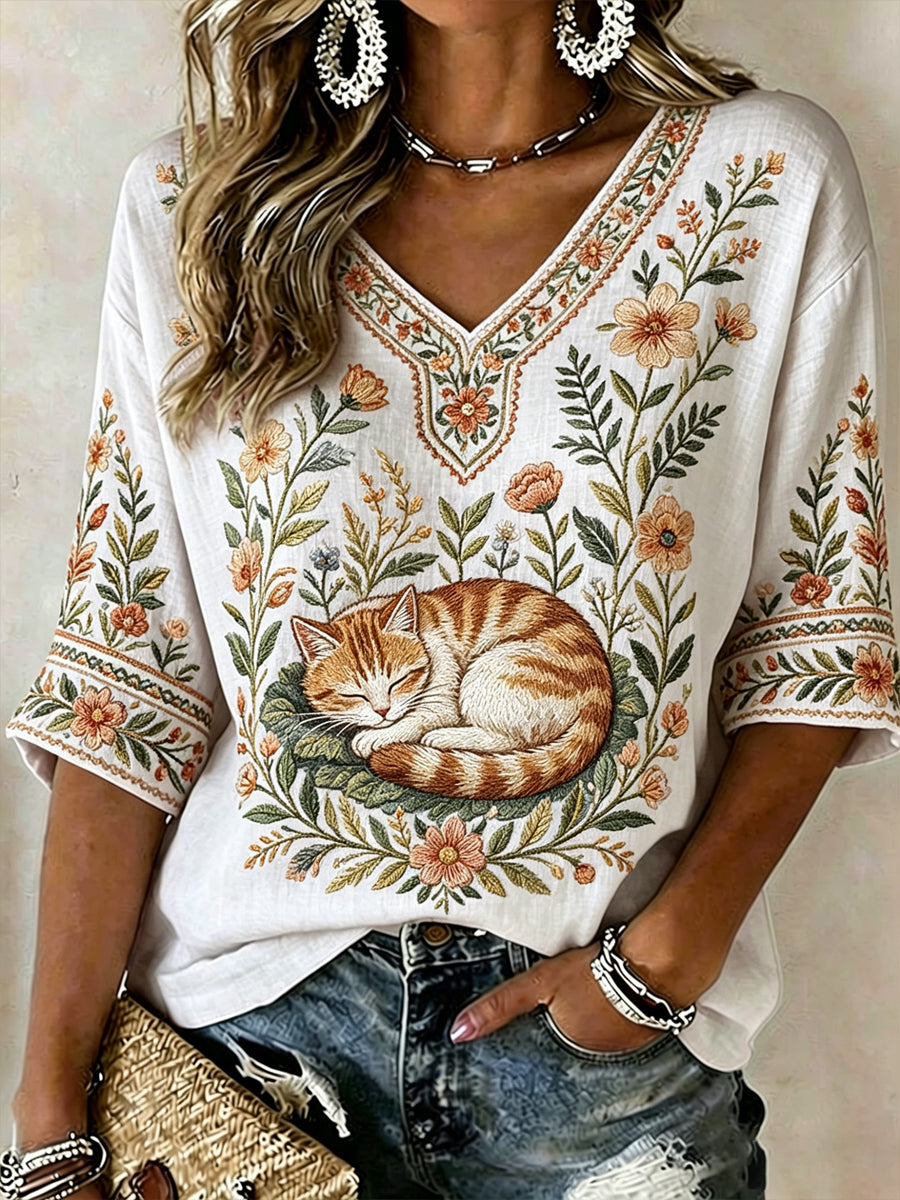 Women's Plants And Flowers Cute Cat Print Casual T-shirt