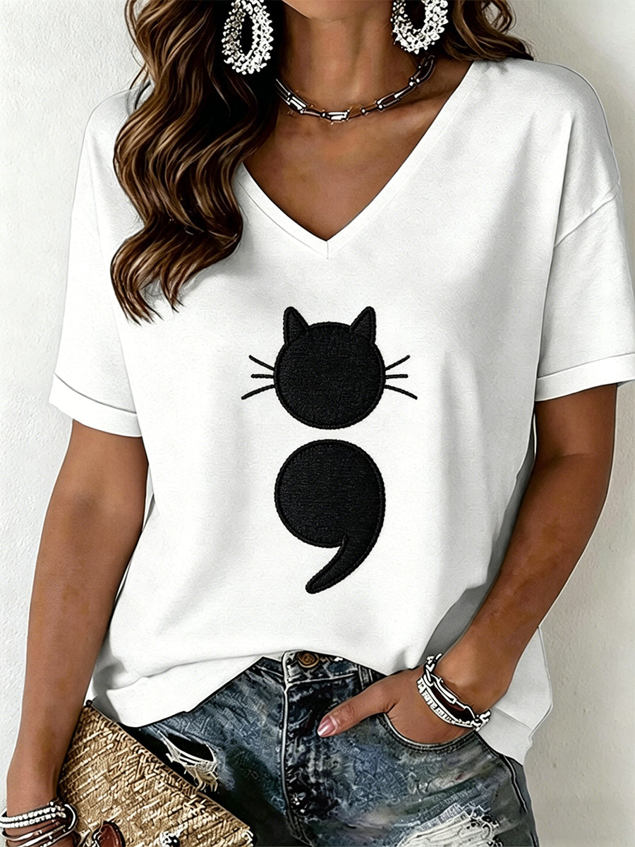 Women's Cat Print V-Neck T-Shirt