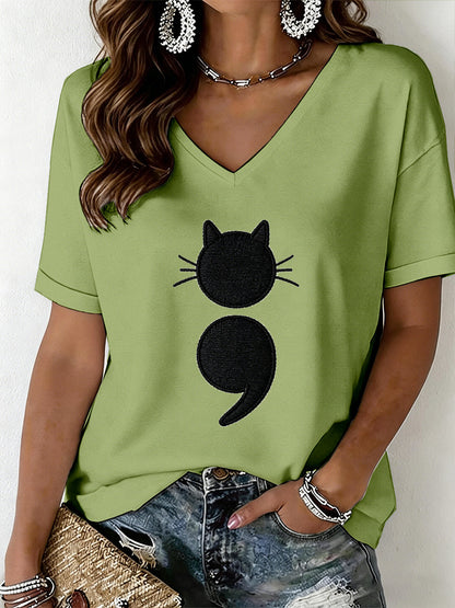 Women's Cat Print V-Neck T-Shirt