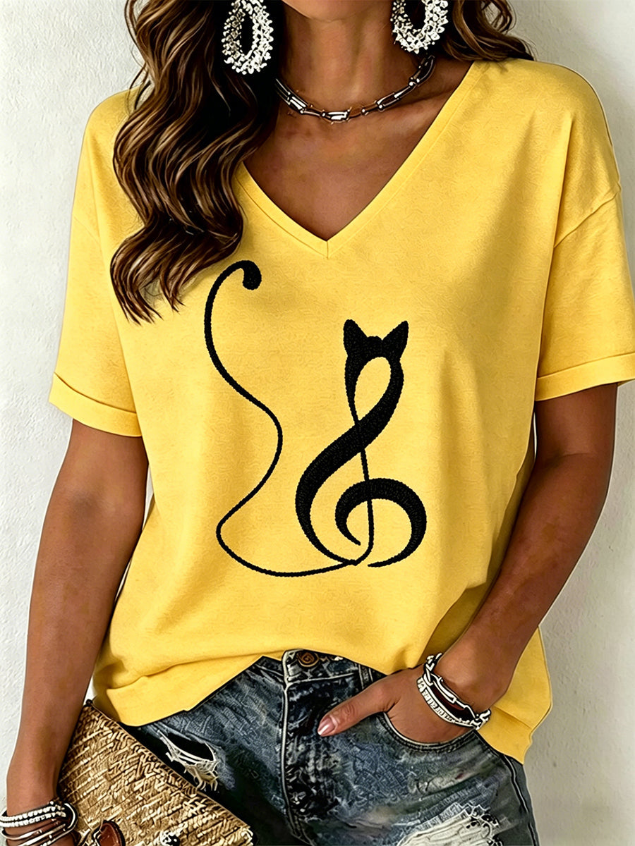 Women's Cat Print V-Neck T-Shirt