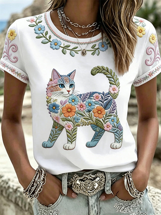Women's Floral Cats Print Casual Tee