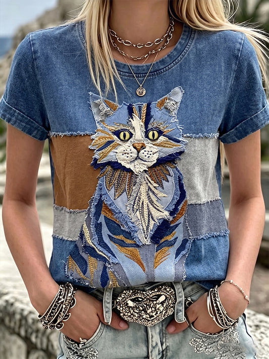 Women's Vintage Fuzzy Cat Patchwork Art Cotton Linen Crew Neck Short Sleeve Top