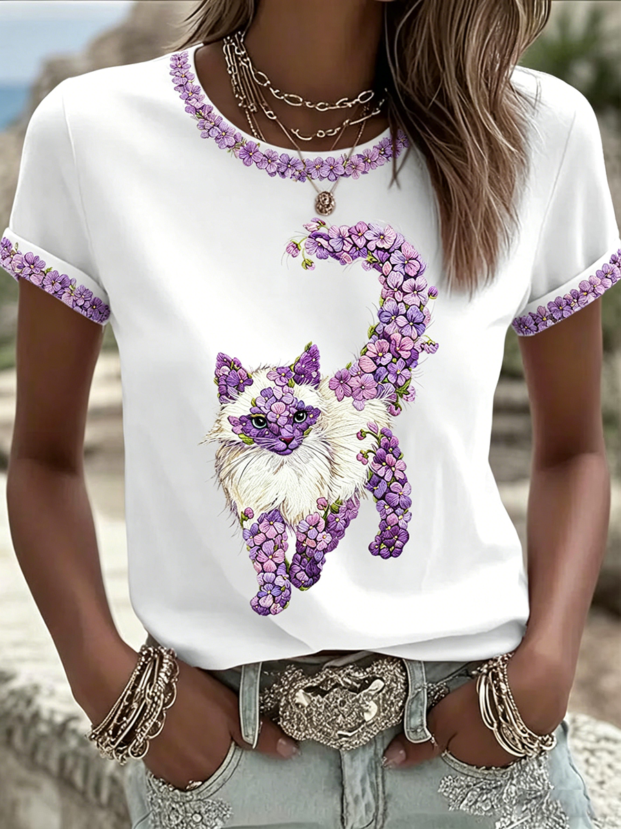 Women's Cat Floral Print Casual T-shirt