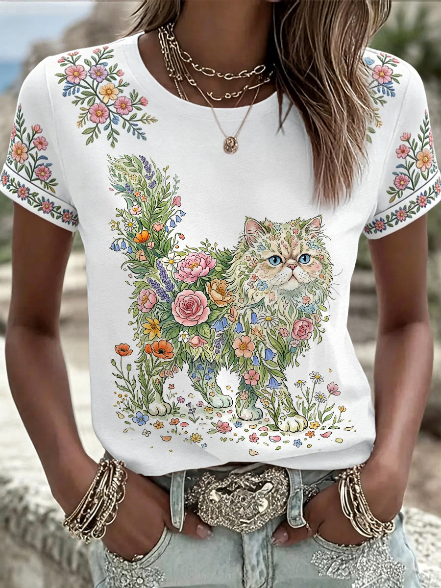 Women's Floral Cat Print Casual Tee