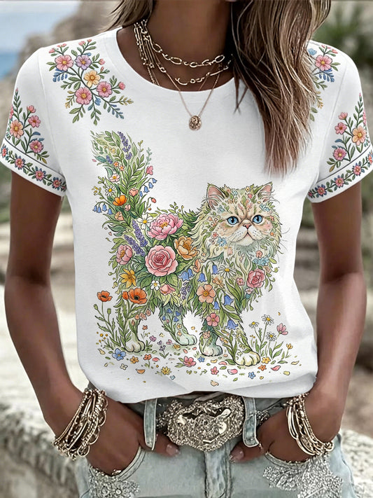 Women's Floral Cat Print Casual Tee