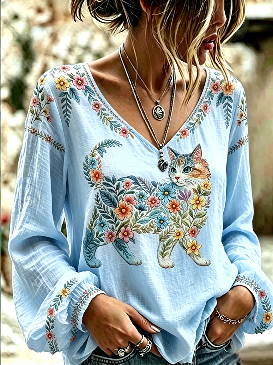 Women's Floral Cats Print Casual Long Sleeve V-Neck Top