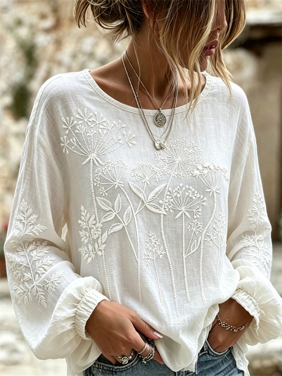 Women's Classy Forest Dandelion & Fern Print Cotton-Linen Shirt
