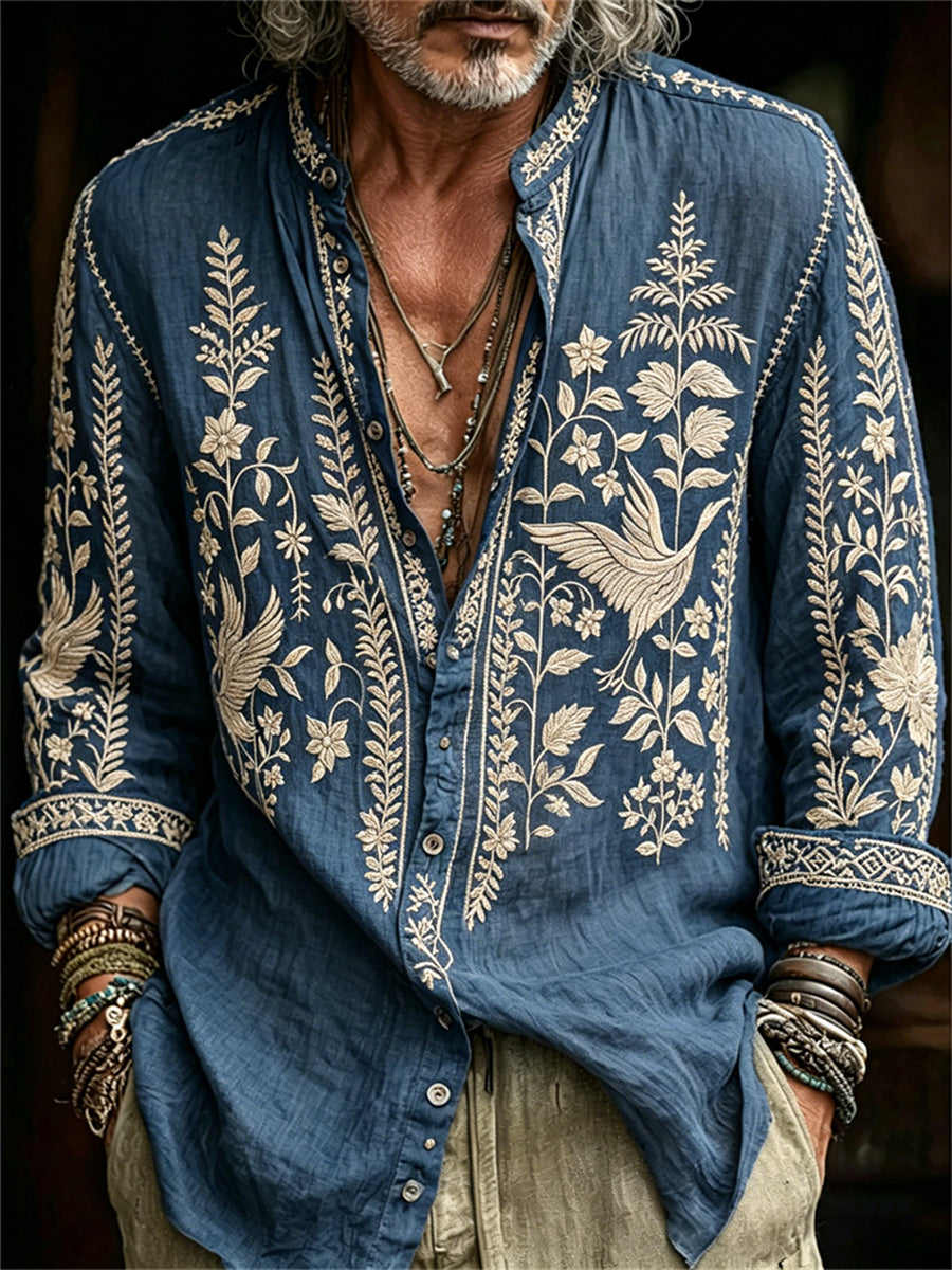 Men's Classy Vintage Bird Forest Pattern Print shirt