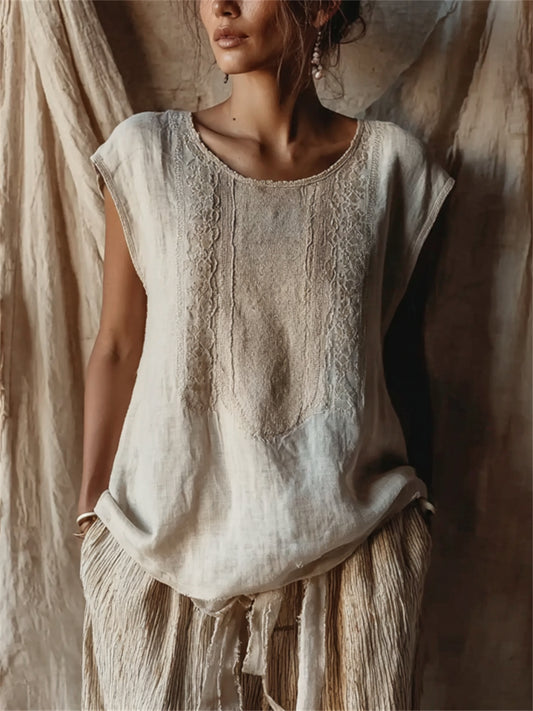 Women's Vintage Comfy Oversize Cap Sleeve Linen Tunic