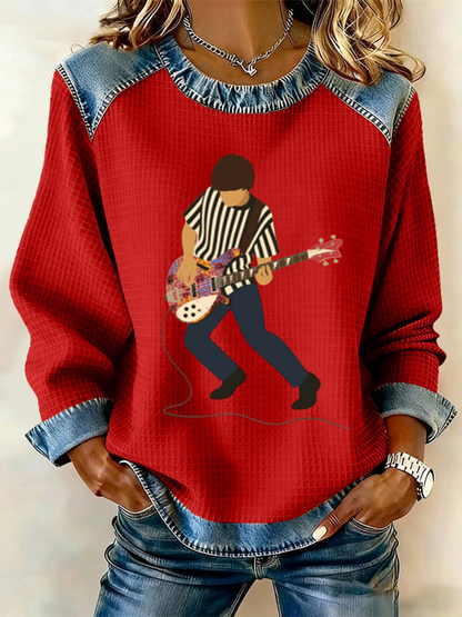 Women's Lemon Roses Music Lover Denim Patchwork Top