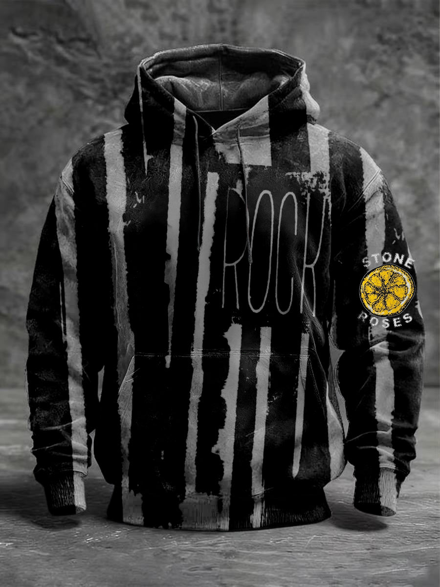 Men's Edgy Striped "Rock" Print Hoodie