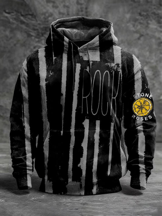 Men's Edgy Striped "Rock" Print Hoodie