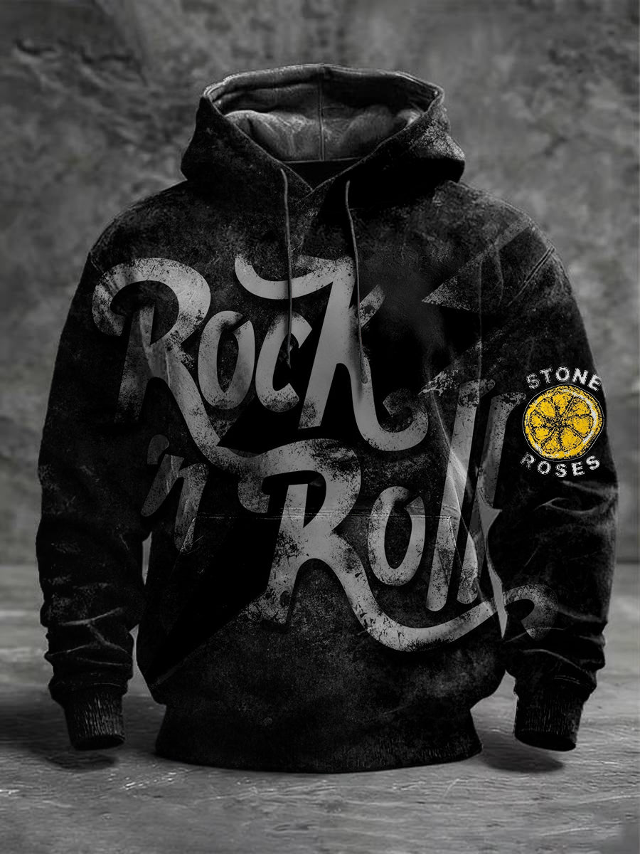 Men's Sleek Grunge "Rock 'n' Roll" Print Hoodie