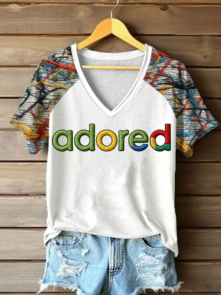 Women's Lemon Roses Music Lover Printed V-neck off-shoulder short-sleeved T-shirt