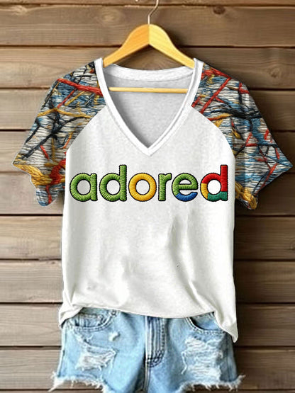 Women's Lemon Roses Music Lover Printed V-neck off-shoulder short-sleeved T-shirt