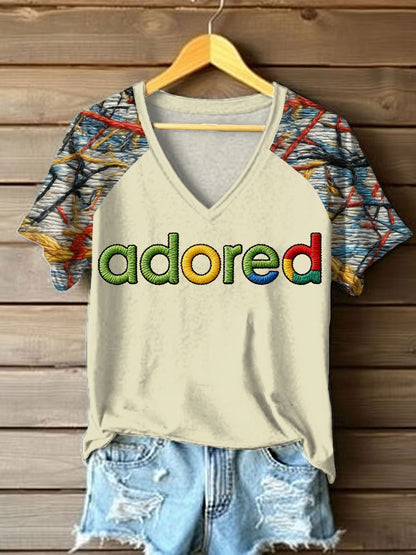 Women's Lemon Roses Music Lover Printed V-neck off-shoulder short-sleeved T-shirt