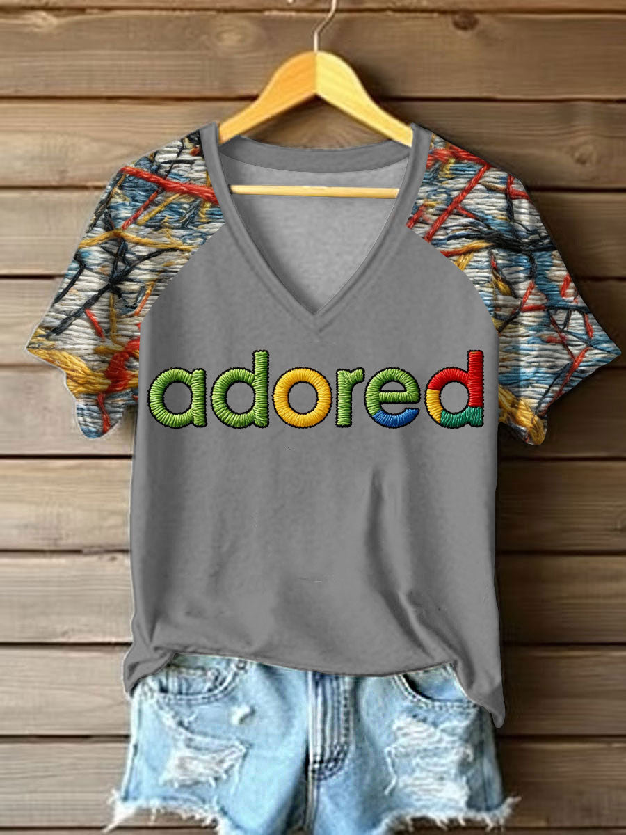 Women's Lemon Roses Music Lover Printed V-neck off-shoulder short-sleeved T-shirt