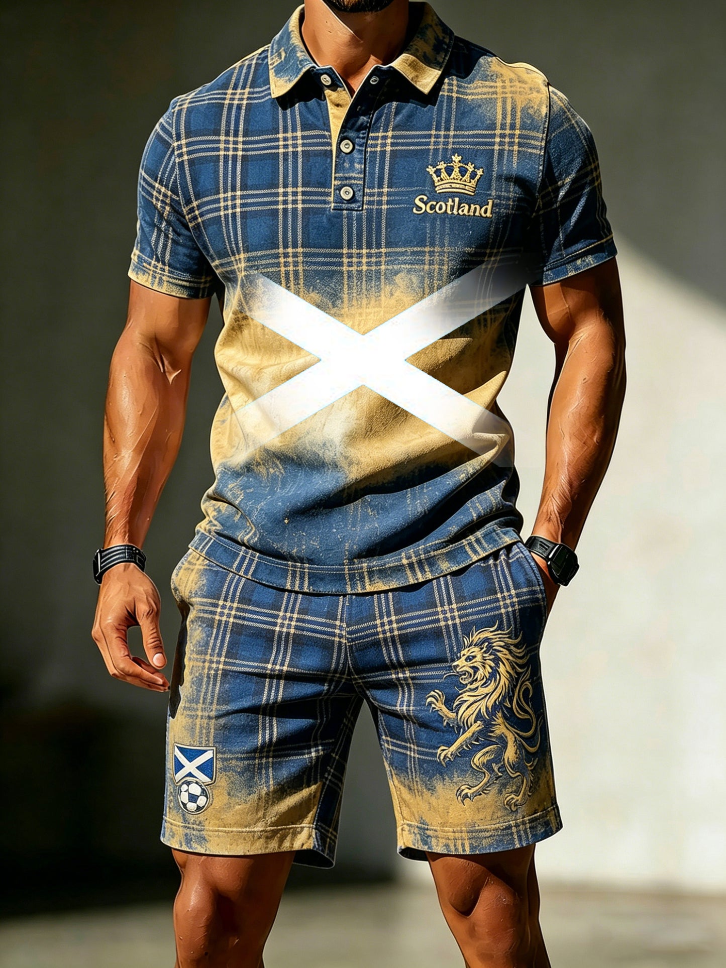 Men's Scottish Football Match Cheering-Themed Art Print Polo Set