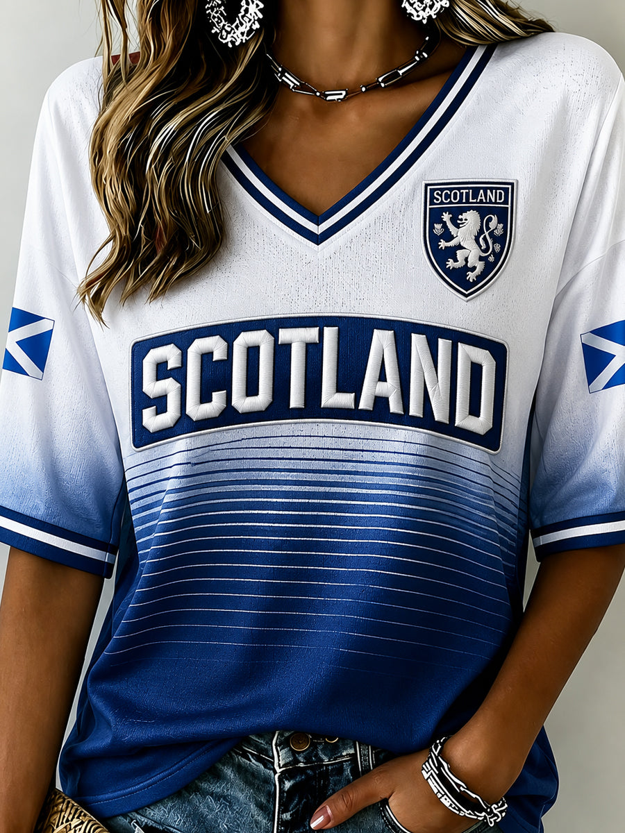 Women's Scotland Footbal Pattern Linen V-Neck Shirt