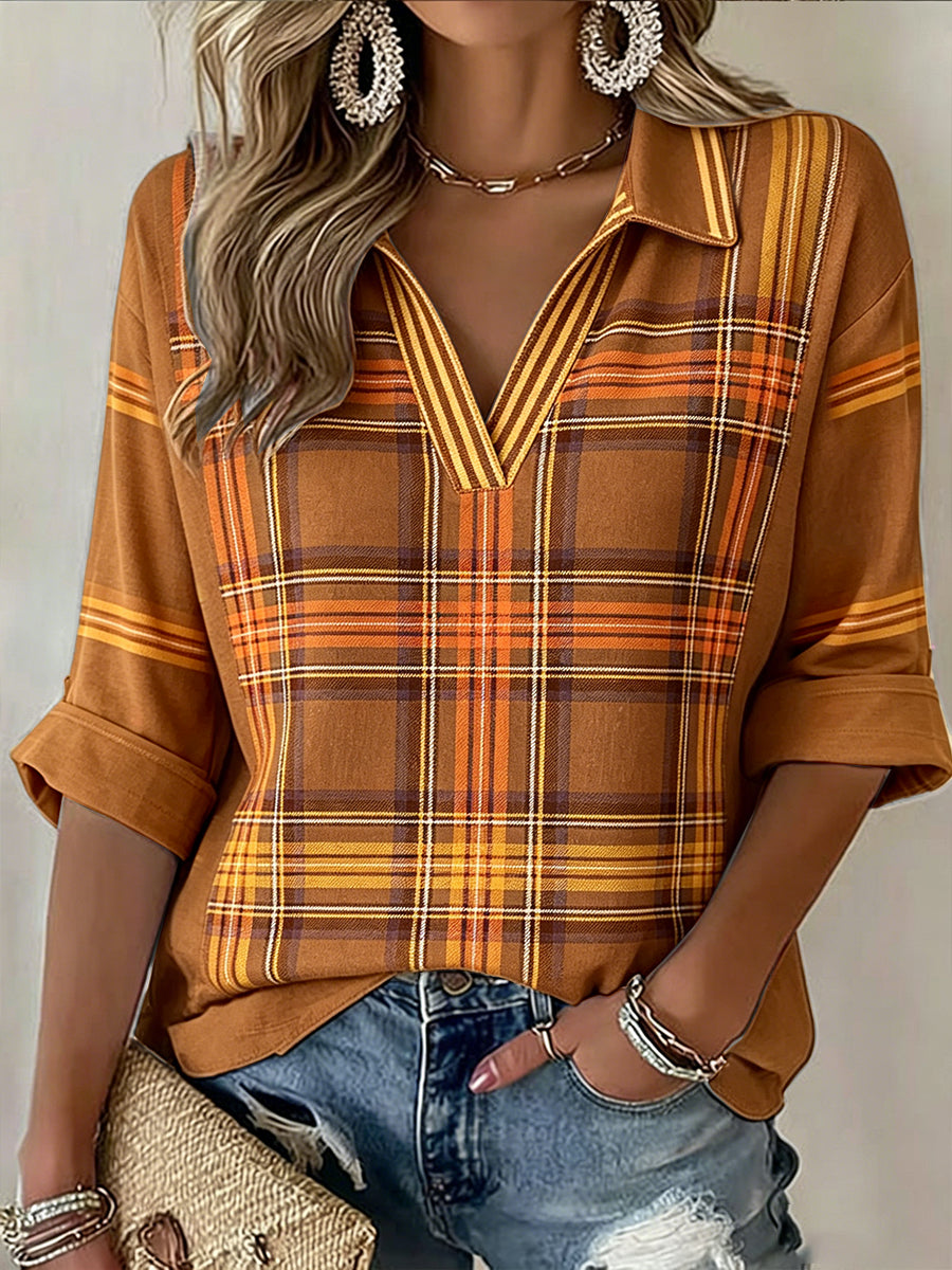 Women’s The Stone Rose Vintage Check Print Casual V-neck T-shirt