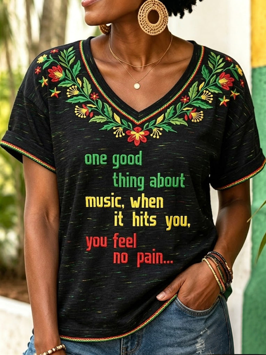 Women's Retro Reggae-Inspired Casual V-Neck T-Shirt