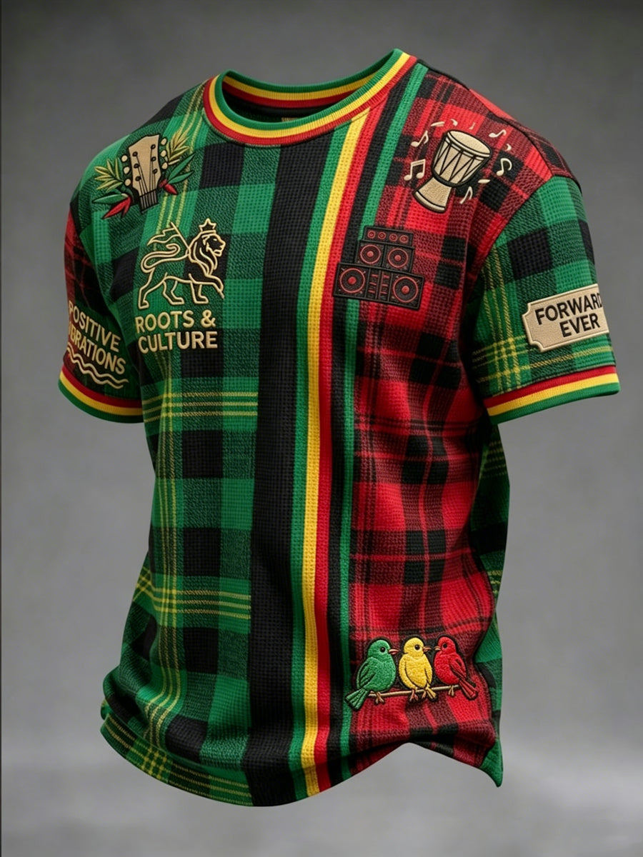Retro Reggae-Inspired Checkered Patchwork Casual Waffle-Weave T-Shirt