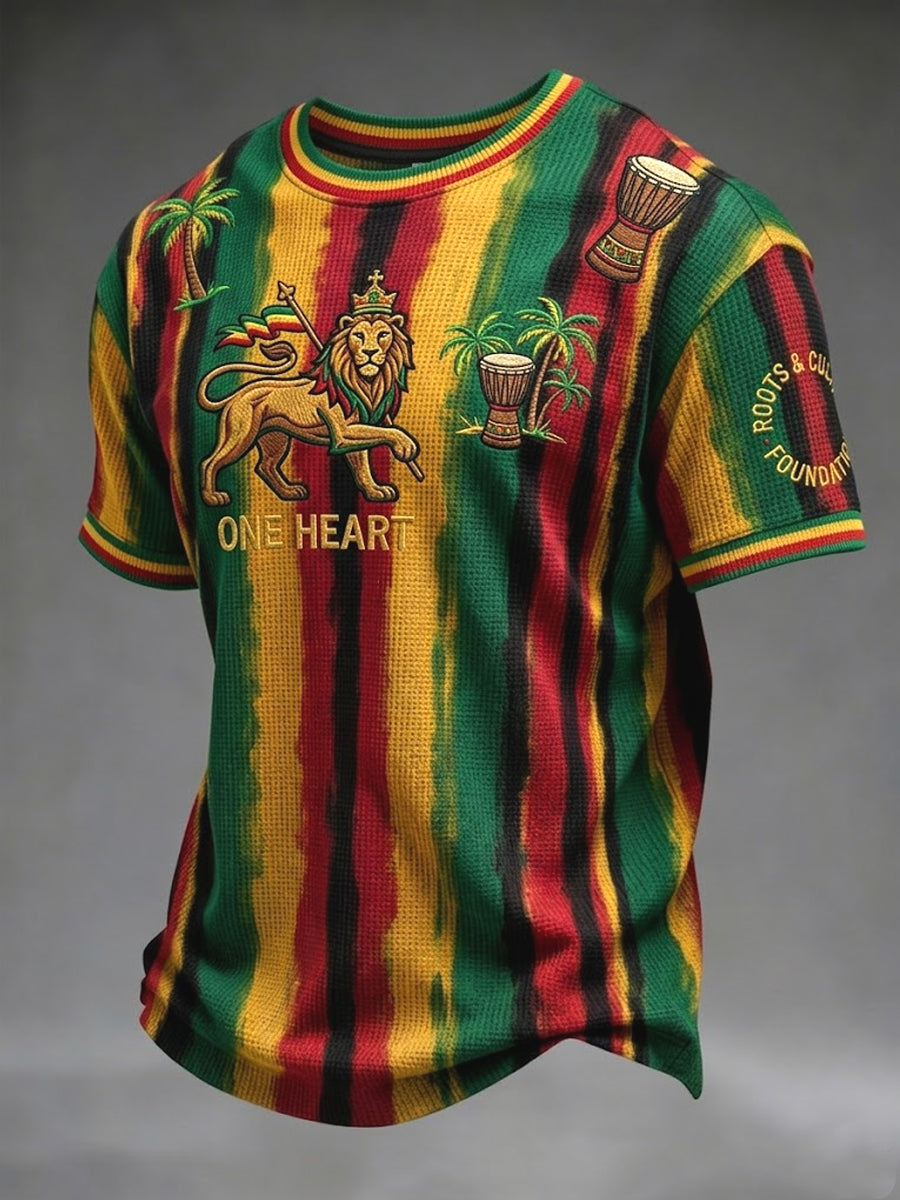 Retro Reggae Abstract Stripe Casual Waffle Weave T-Shirt