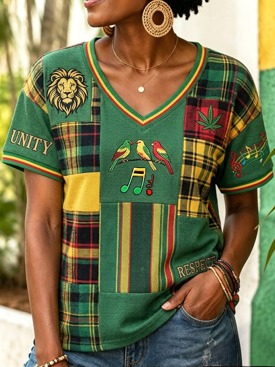 Women's Retro Reggae-Print Patchwork Casual V-Neck T-Shirt