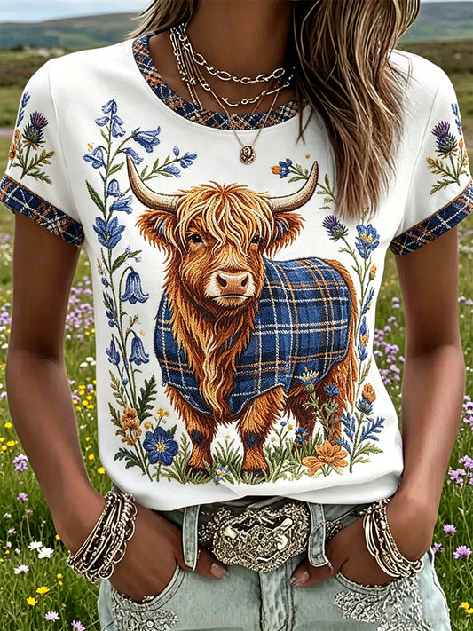 Women's Highland Denim Plaid Print T-shirt