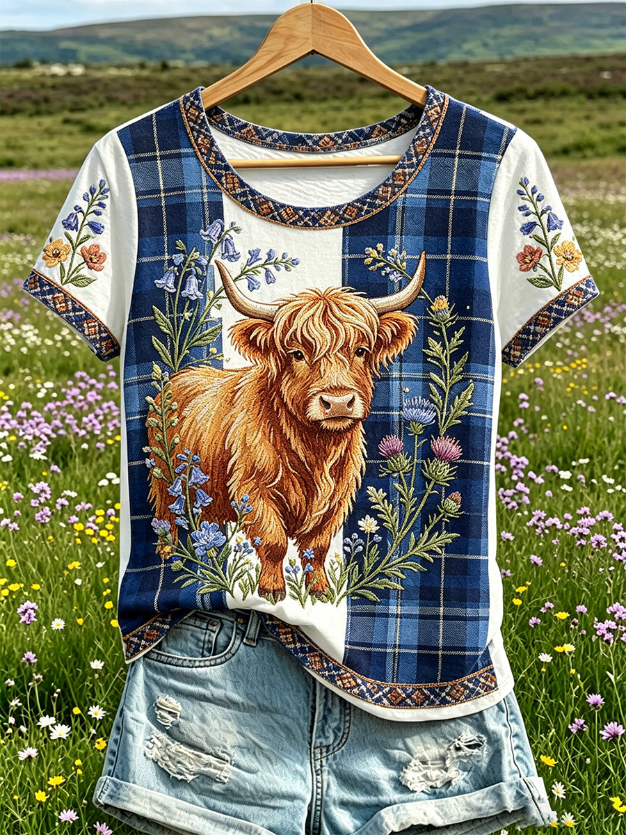 Women's Highland Denim Plaid Print T-shirt