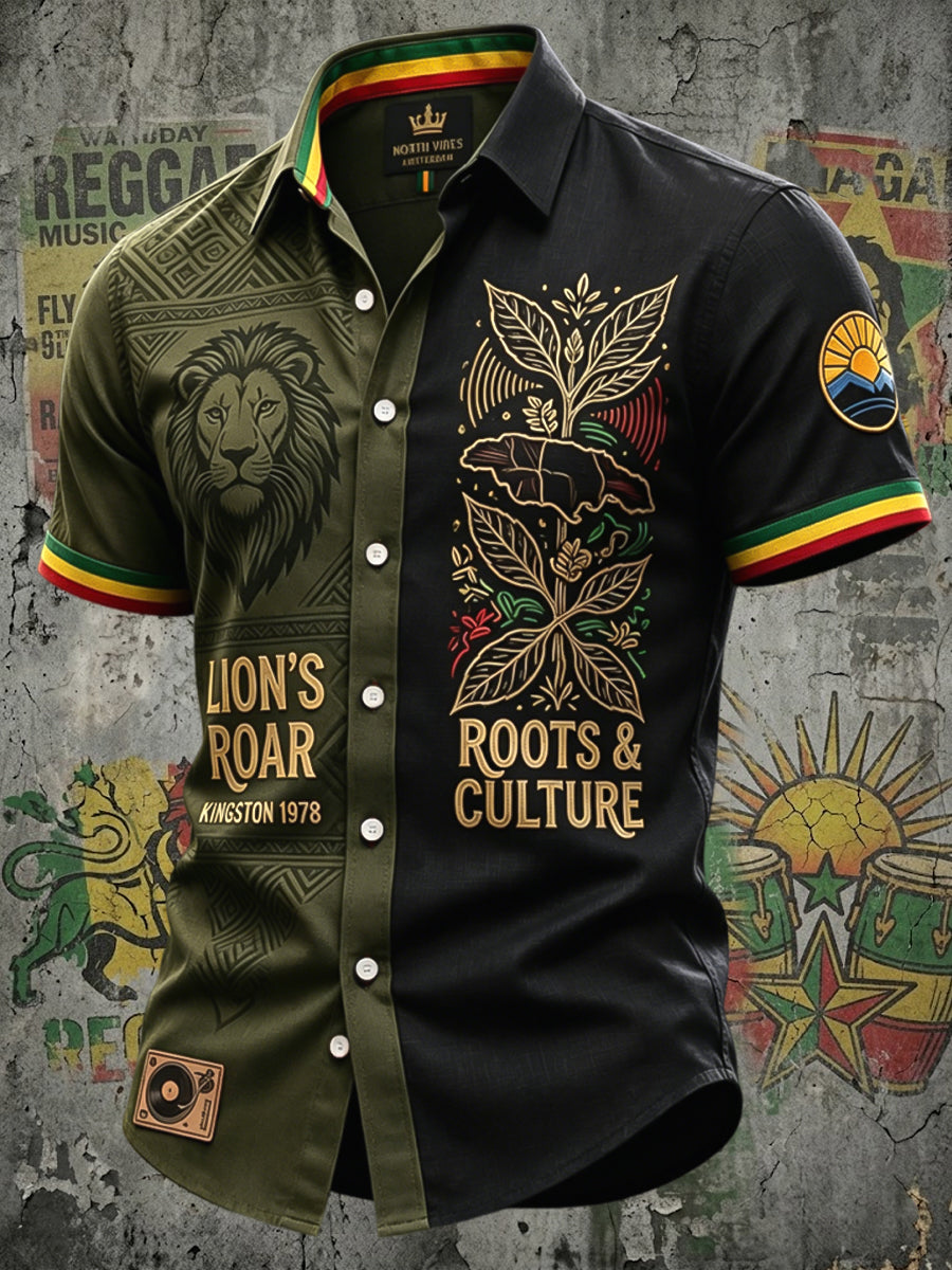 Retro Reggae Lion Art Patchwork Casual Shirt