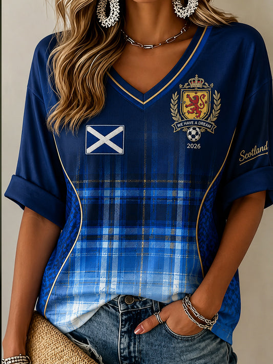 Women's Scotland Football Pattern Linen V-Neck Shirt