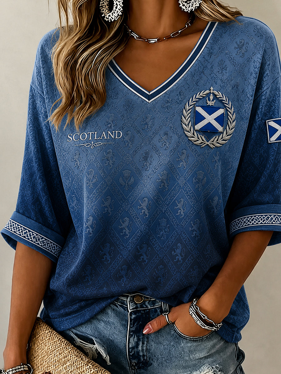 Women's Scotland Football Pattern Linen V-Neck Shirt