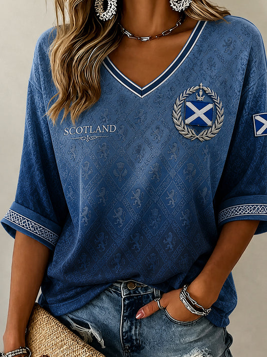 Women's Scotland Football Pattern Linen V-Neck Shirt
