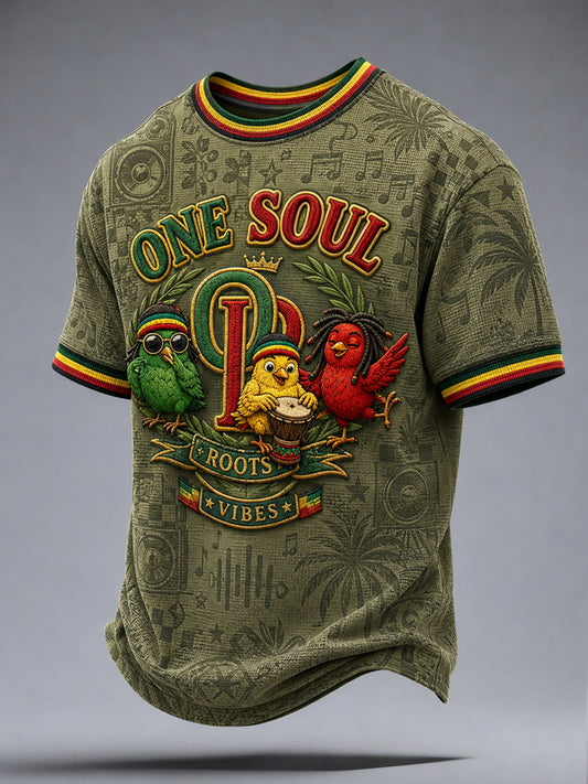 Casual Waffle-Weave T-Shirt for Retro Reggae Fans