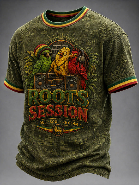 Fun Reggae-Themed Artistic Casual Waffle-Weave T-Shirt